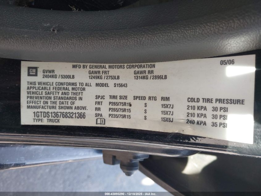 2006 GMC Canyon Sle2 VIN: 1GTDS136768321366 Lot: 43893290