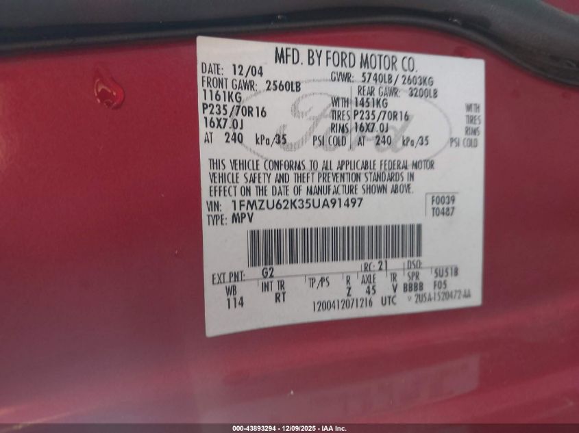 2005 Ford Explorer Xls/Xls Sport VIN: 1FMZU62K35UA91497 Lot: 43893294