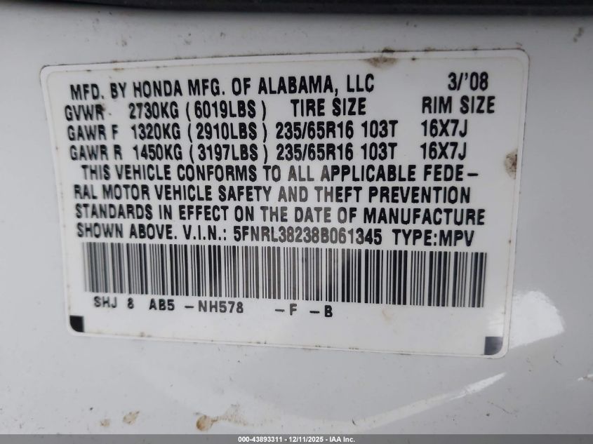 2008 Honda Odyssey Lx VIN: 5FNRL38238B061345 Lot: 43893311