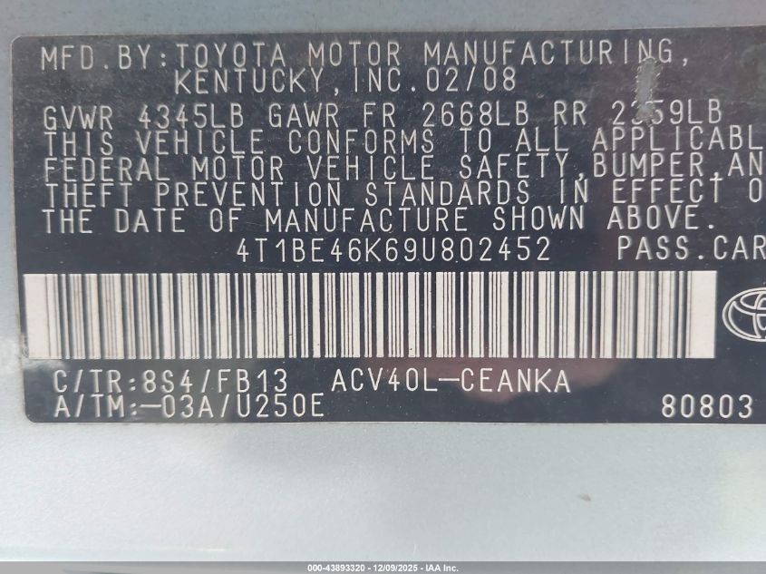 2009 Toyota Camry Le VIN: 4T1BE46K69U802452 Lot: 43893320