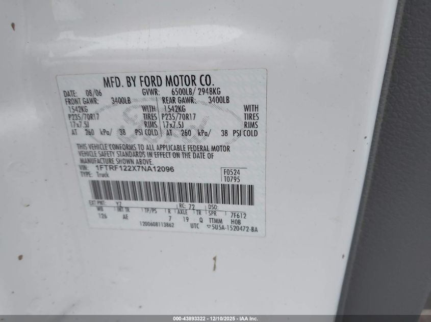 2007 Ford F-150 Stx/Xl/Xlt VIN: 1FTRF122X7NA12096 Lot: 43893322