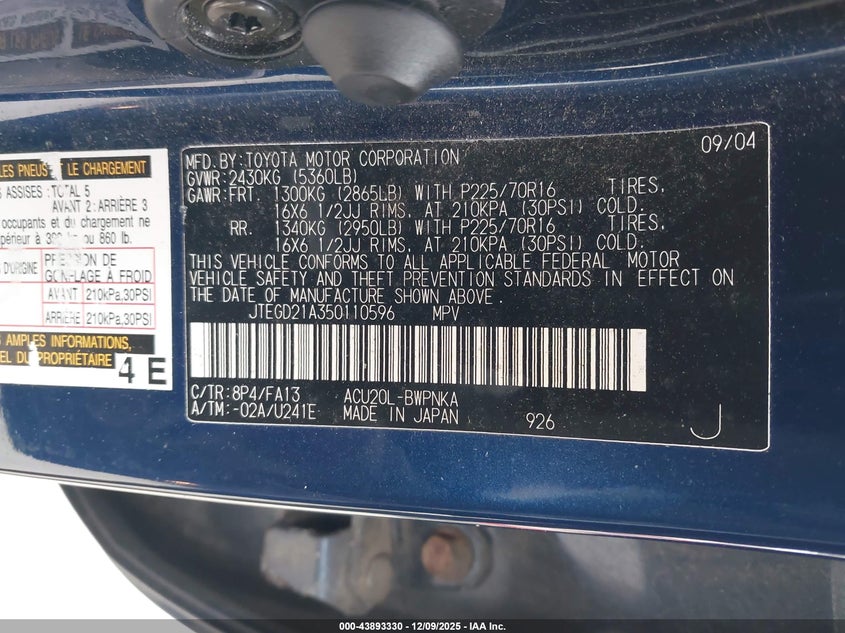 JTEGD21A350110596 2005 TOYOTA HIGHLANDER photo no. 9