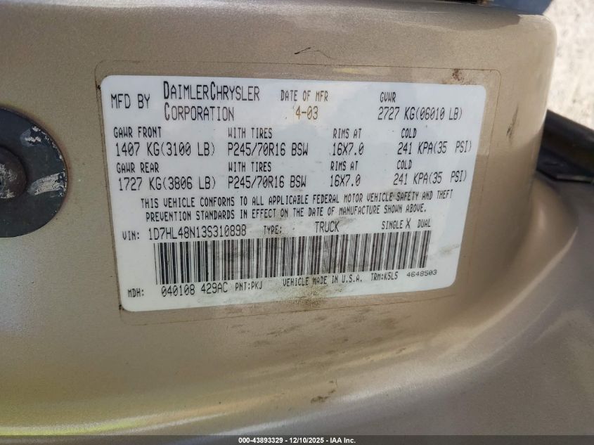 2003 Dodge Dakota Slt VIN: 1D7HL48N13S310898 Lot: 43893329