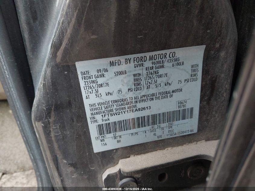 2007 Ford F-250 Lariat/Xl/Xlt VIN: 1FTSW21Y17EA92613 Lot: 43893336