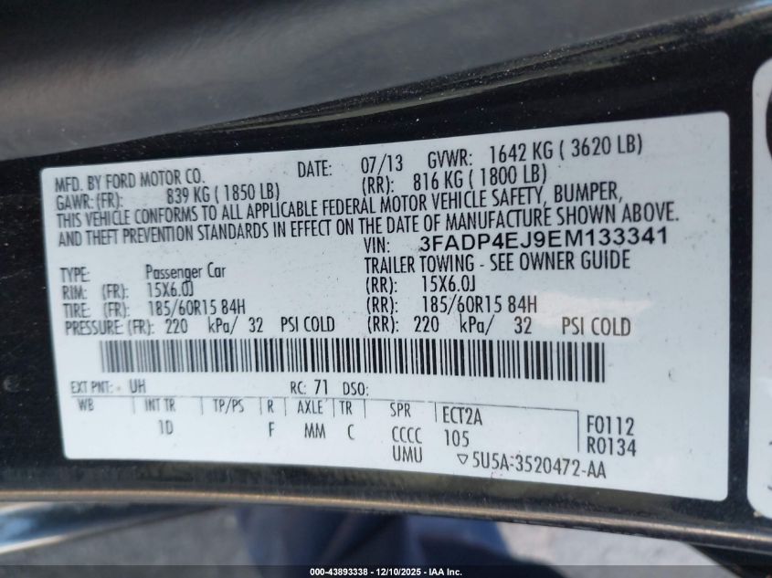 2014 Ford Fiesta Se VIN: 3FADP4EJ9EM133341 Lot: 43893338