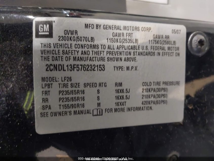 2007 Chevrolet Equinox Ls VIN: 2CNDL13F576232153 Lot: 43893351