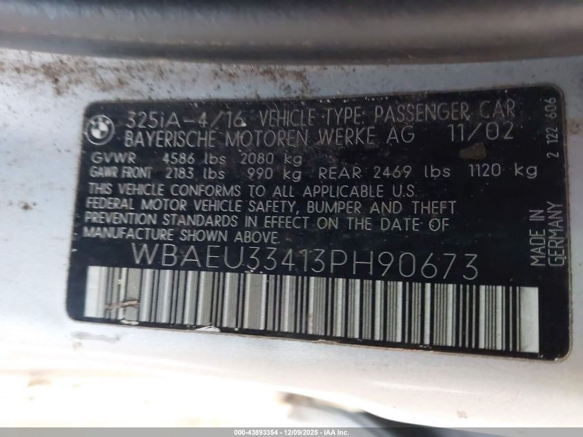 2003 BMW 325Xi VIN: WBAEU33413PH90673 Lot: 43893354