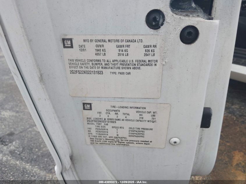 2002 Pontiac Firebird VIN: 2G2FS22K022131823 Lot: 43893372