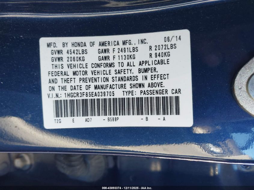 2014 Honda Accord Ex-L V-6 VIN: 1HGCR3F85EA039705 Lot: 43893374