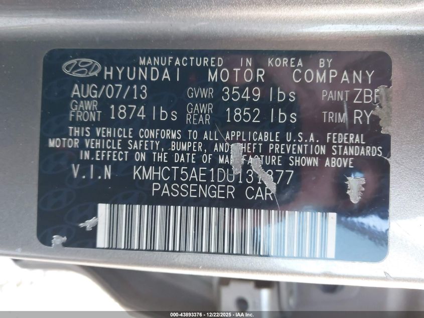 2013 Hyundai Accent Gs VIN: KMHCT5AE1DU131377 Lot: 43893376