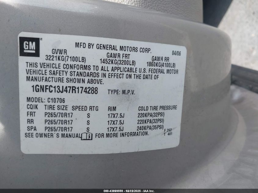 2007 Chevrolet Tahoe Lt VIN: 1GNFC13J47R174288 Lot: 43893378