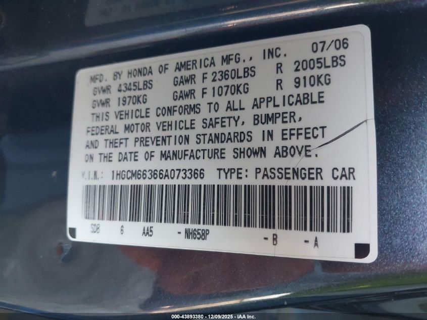 2006 Honda Accord 3.0 Lx VIN: 1HGCM66366A073366 Lot: 43893380