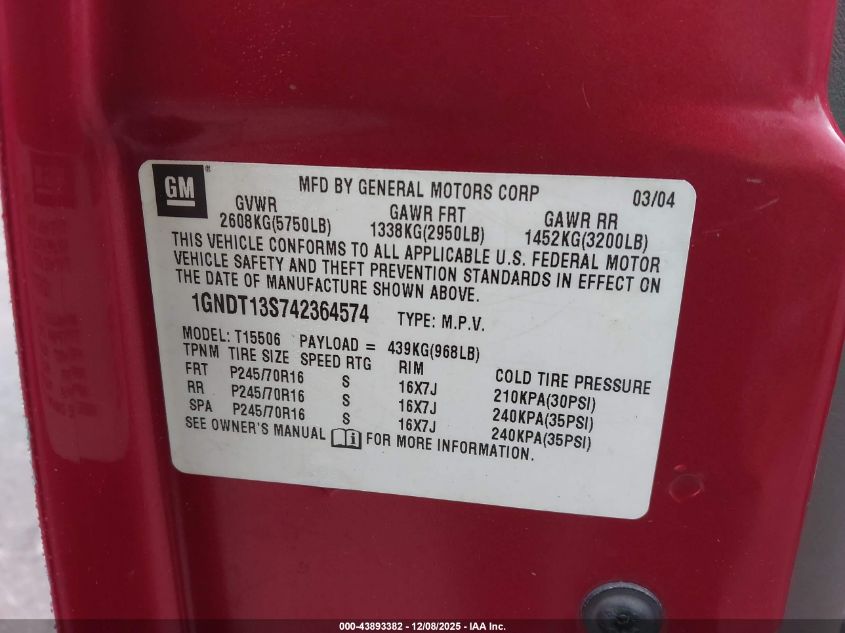 2004 Chevrolet Trailblazer Lt VIN: 1GNDT13S742364574 Lot: 43893382