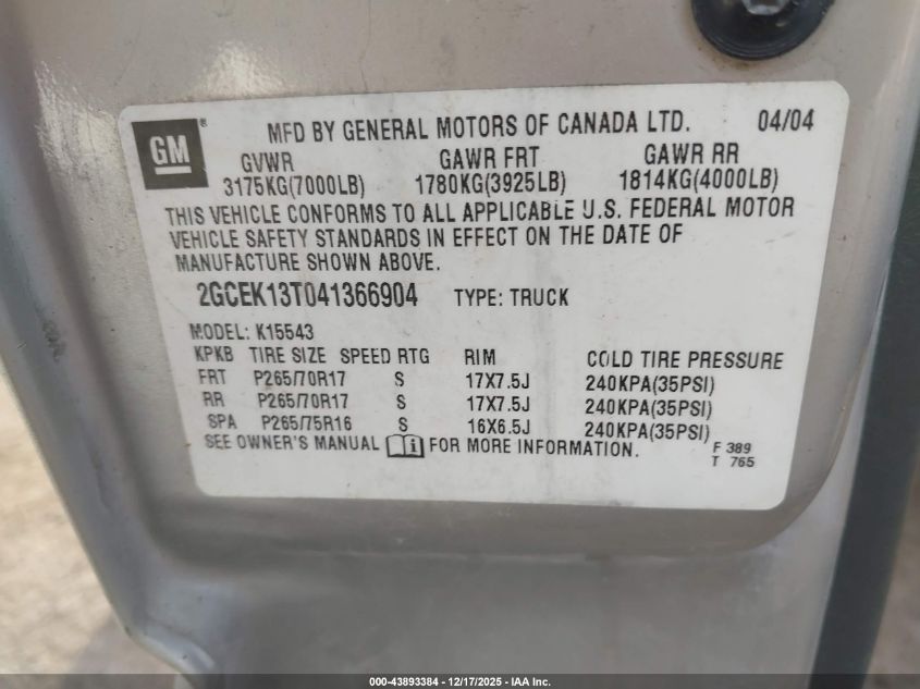 2004 Chevrolet Silverado 1500 Ls VIN: 2GCEK13T041366904 Lot: 43893384