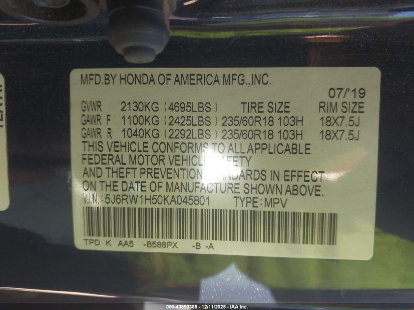 2019 Honda Cr-V Ex VIN: 5J6RW1H50KA045801 Lot: 43893385