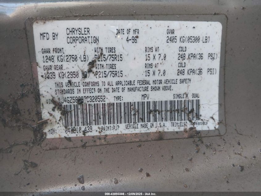 1996 Jeep Grand Cherokee Laredo VIN: 1J4GZ58S9TC320552 Lot: 43893386