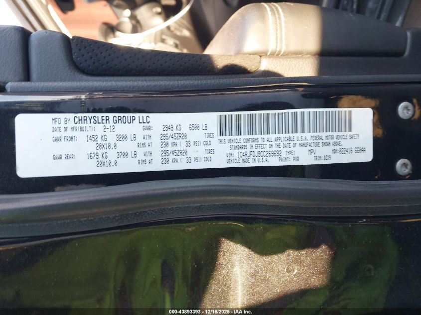 2012 Jeep Grand Cherokee Srt8 VIN: 1C4RJFDJ9CC269692 Lot: 43893393