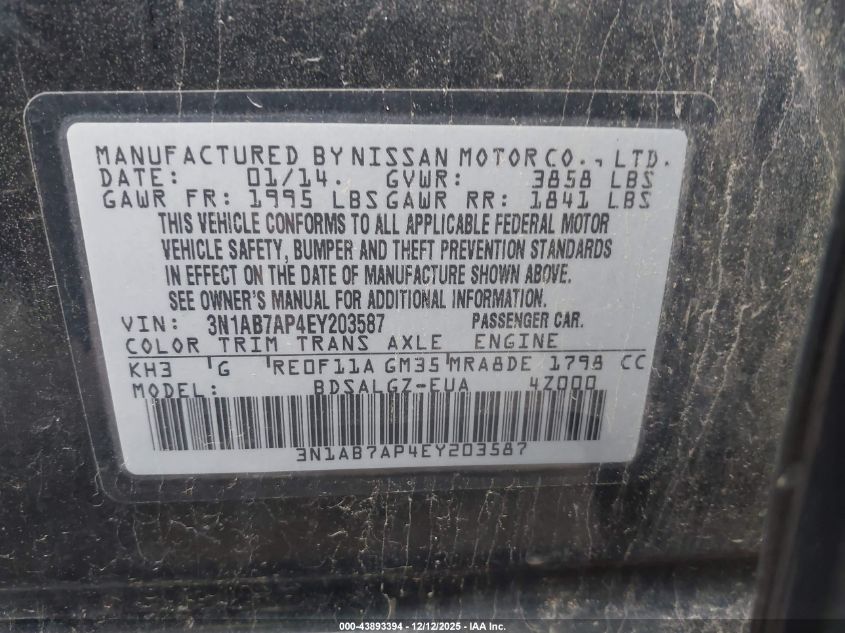 2014 Nissan Sentra Sl VIN: 3N1AB7AP4EY203587 Lot: 43893394