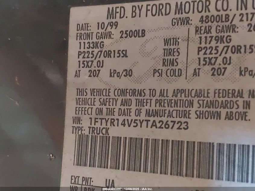 2000 Ford Ranger Xl/Xlt VIN: 1FTYR14V5YTA26723 Lot: 43893397