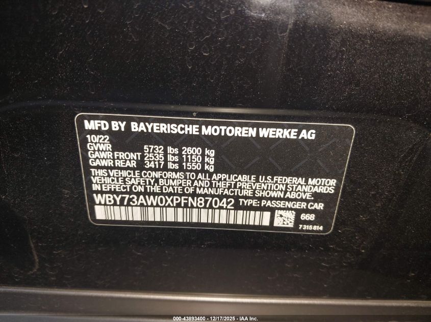 2023 BMW I4 Edrive40 VIN: WBY73AW0XPFN87042 Lot: 43893400