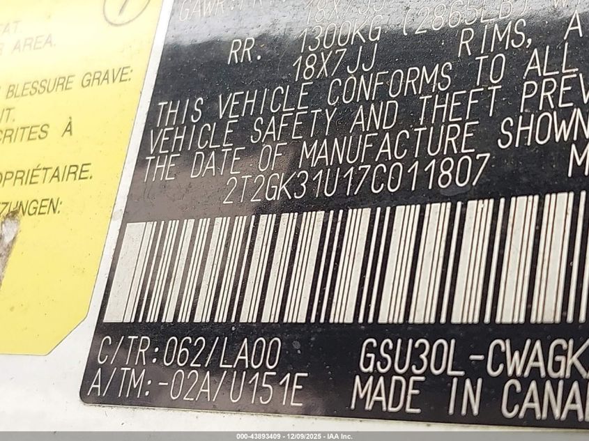 2007 Lexus Rx 350 VIN: 2T2GK31U17C011807 Lot: 43893409