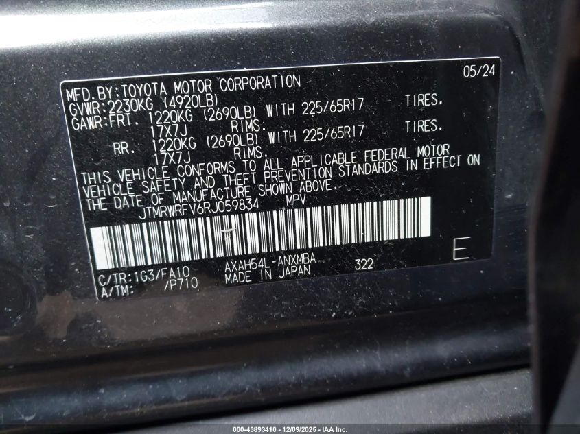 2024 Toyota Rav4 Hybrid Xle VIN: JTMRWRFV6RJ059834 Lot: 43893410