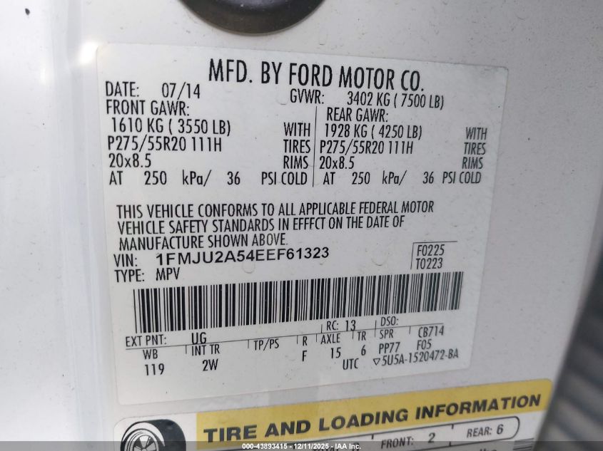 2014 Ford Expedition Limited VIN: 1FMJU2A54EEF61323 Lot: 43893415