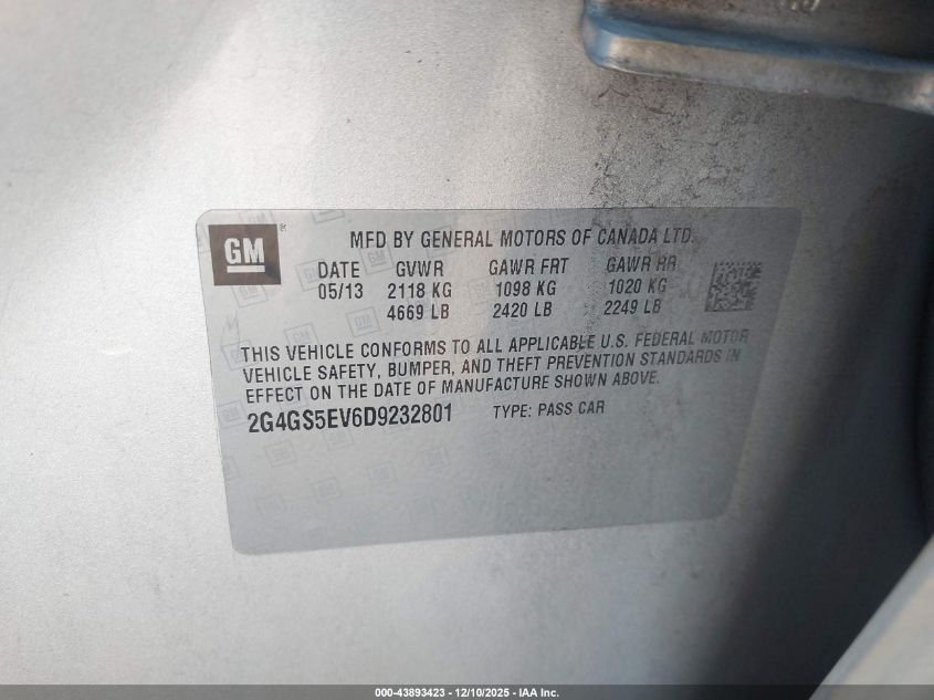 2013 Buick Regal Turbo - Premium 1 VIN: 2G4GS5EV6D9232801 Lot: 43893423