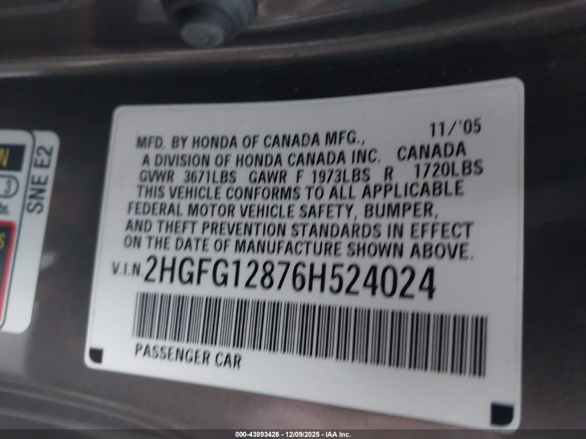 2006 Honda Civic Ex VIN: 2HGFG12876H524024 Lot: 43893426