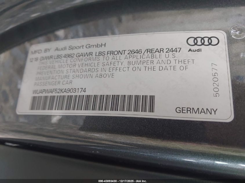 2019 Audi Rs 5 2.9T VIN: WUAPWAF52KA903174 Lot: 43893430