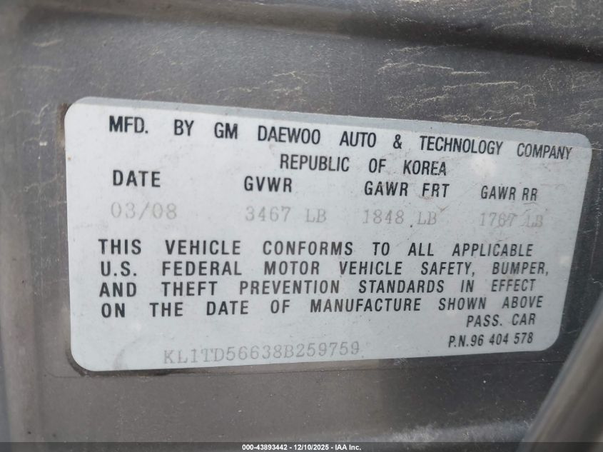 2008 Chevrolet Aveo Ls VIN: KL1TD56638B259759 Lot: 43893442