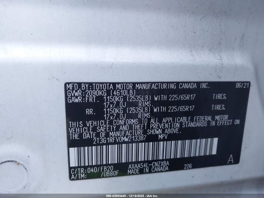 2021 Toyota Rav4 Le VIN: 2T3G1RFV0MW213387 Lot: 43893449