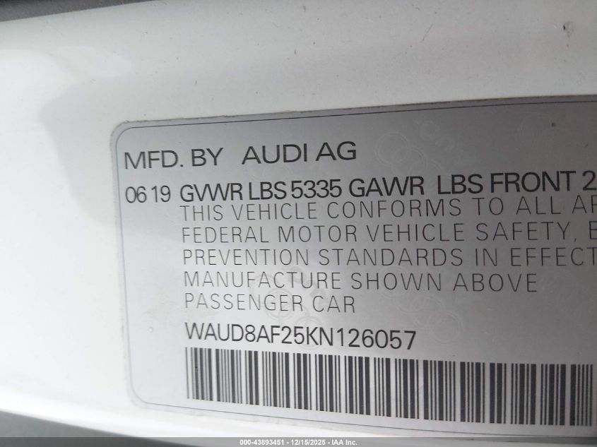 2019 Audi A6 45 Premium VIN: WAUD8AF25KN126057 Lot: 43893451