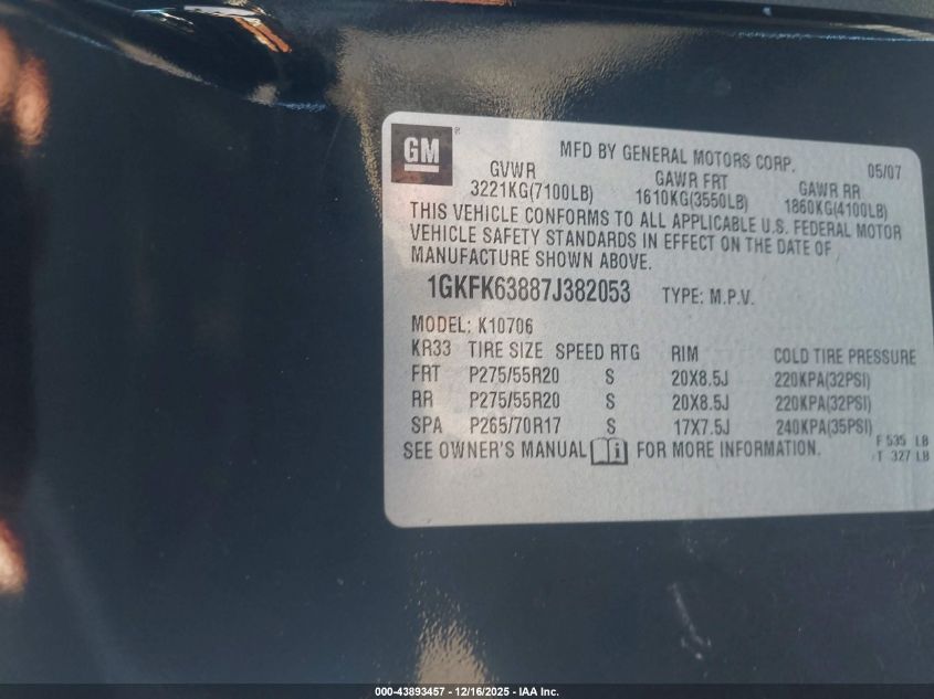 2007 GMC Yukon Denali VIN: 1GKFK63887J382053 Lot: 43893457