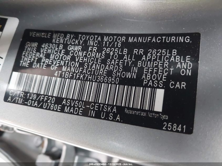 2017 Toyota Camry Se VIN: 4T1BF1FK7HU366950 Lot: 43893464