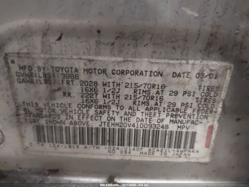 2001 Toyota Rav4 VIN: JTEHH20V410093248 Lot: 43893468