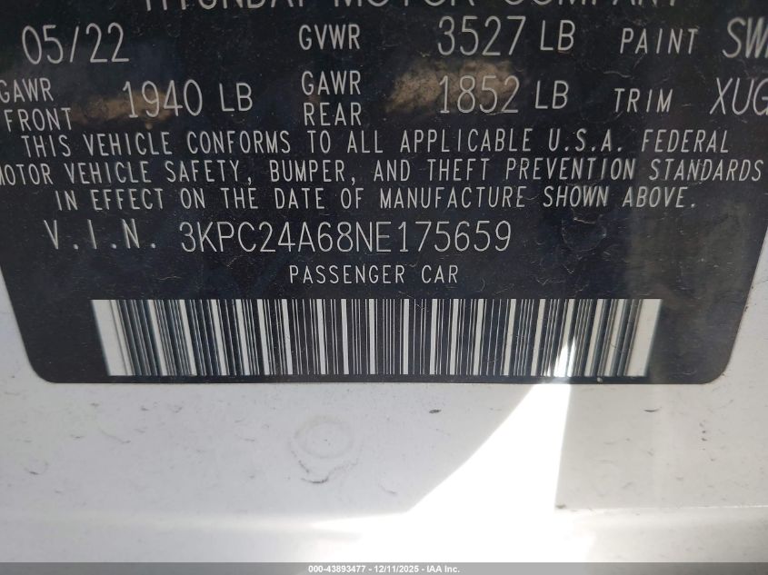 2022 Hyundai Accent Se VIN: 3KPC24A68NE175659 Lot: 43893477