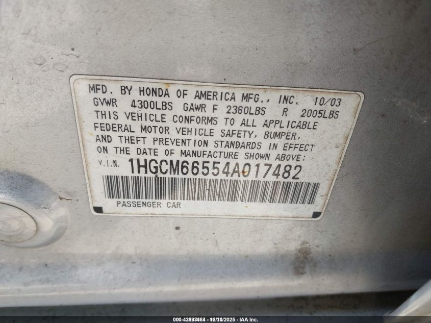 2004 Honda Accord 3.0 Ex VIN: 1HGCM66554A017488 Lot: 42527087