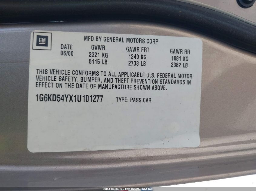 2001 Cadillac Deville Standard VIN: 1G6KD54YX1U101277 Lot: 43893486