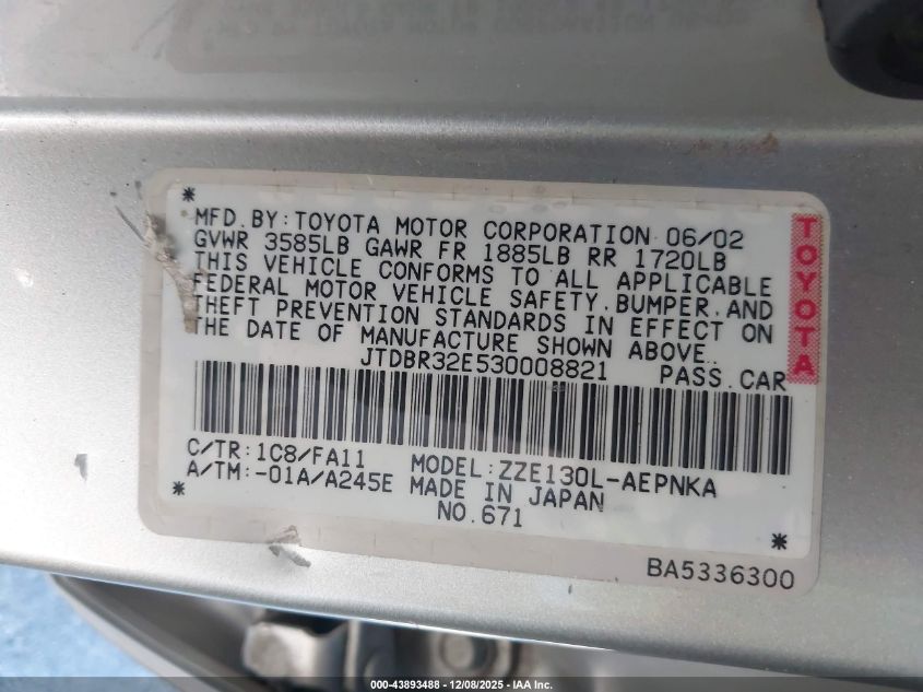 2003 Toyota Corolla Le VIN: JTDBR32E530008821 Lot: 43893488