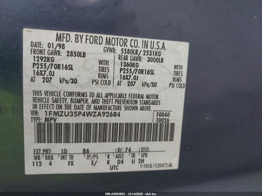 1998 Ford Explorer Eddie Bauer/Limited/Xlt VIN: 1FMZU35P4WZA92684 Lot: 43893502