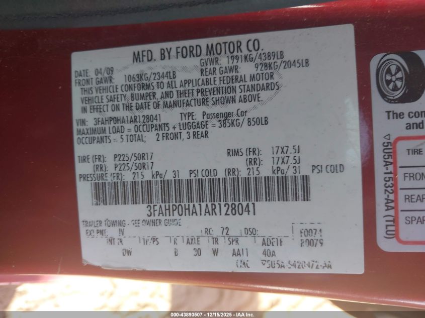 2010 Ford Fusion Se VIN: 3FAHP0HA1AR128041 Lot: 43893507