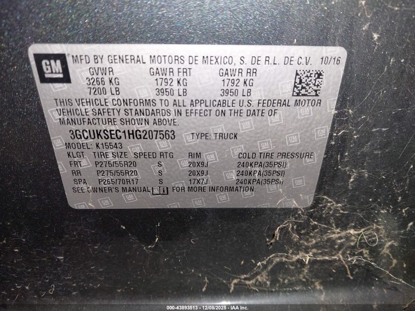2017 Chevrolet Silverado 1500 2Lz VIN: 3GCUKSEC1HG207563 Lot: 43893513