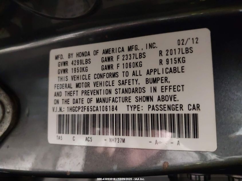 2012 Honda Accord 2.4 Se VIN: 1HGCP2F65CA106184 Lot: 43893516