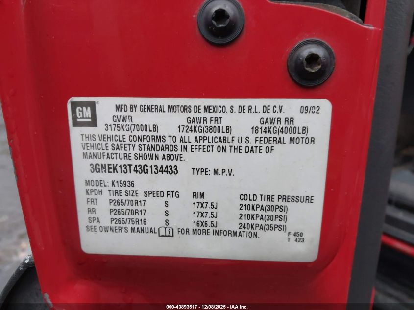 2003 Chevrolet Avalanche 1500 VIN: 3GNEK13T43G134433 Lot: 43893517