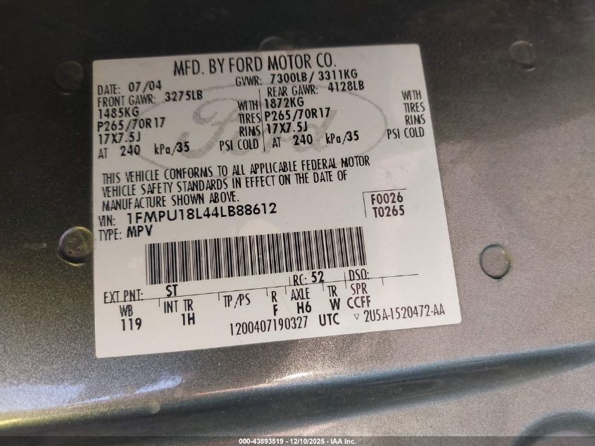 2004 Ford Expedition Eddie Bauer VIN: 1FMPU18L44LB88612 Lot: 43893519