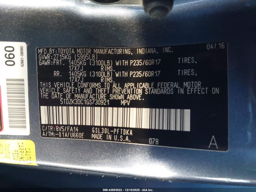 2016 Toyota Sienna L 7 Passenger VIN: 5TDZK3DC1GS730921 Lot: 43893522