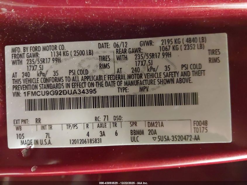 2013 Ford Escape Se VIN: 1FMCU9G92DUA34395 Lot: 43893529