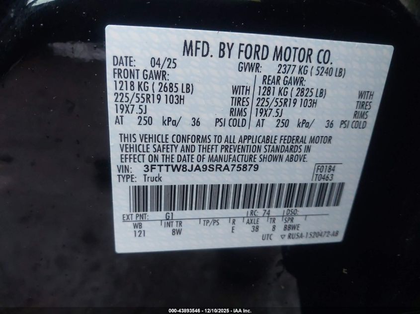 2025 Ford Maverick Xlt VIN: 3FTTW8JA9SRA75879 Lot: 43893546