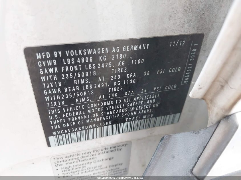 2013 Volkswagen Tiguan Se VIN: WVGAV3AX5DW563398 Lot: 43893555